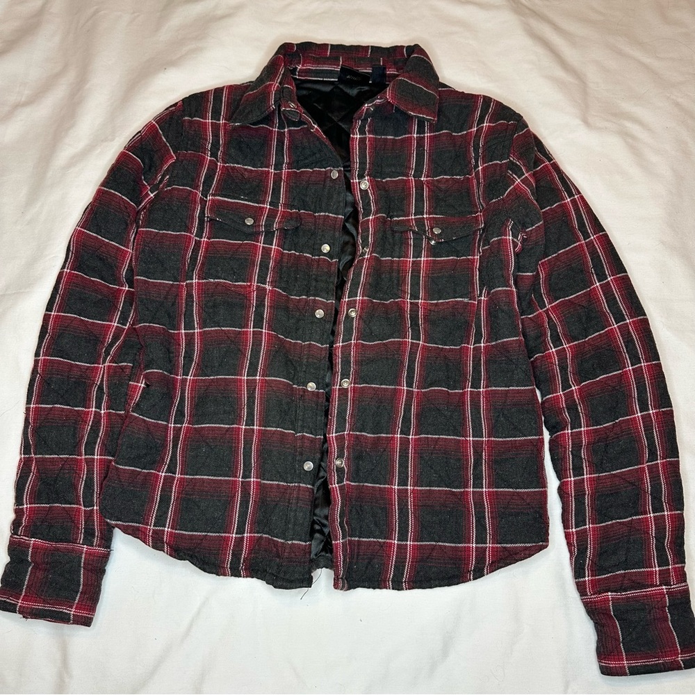 Y2K Hurley Red and Black Plaid Button-Up Quilted Jacket
